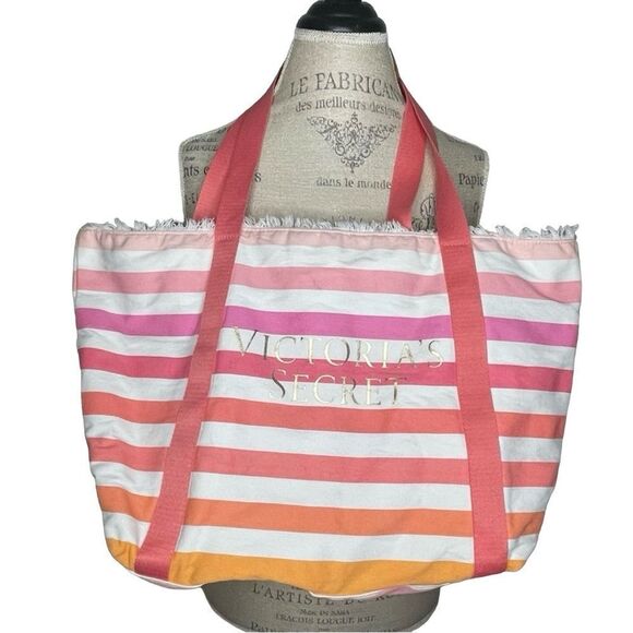 Victoria’s Secret Large Striped Lined Canvas Beach Tote Pink Orange White Gold - Picture 1 of 12